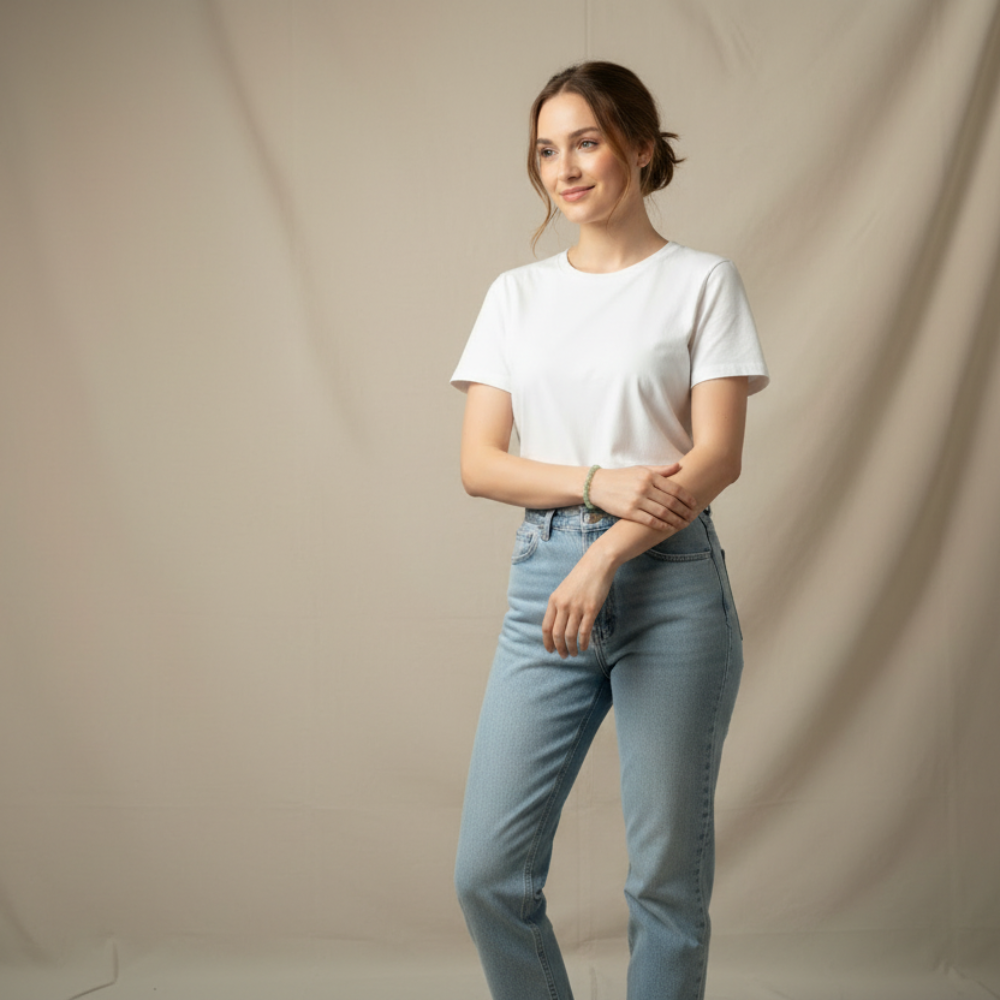 Green beaded bracelet on a model wearing jeans and a white tshirt