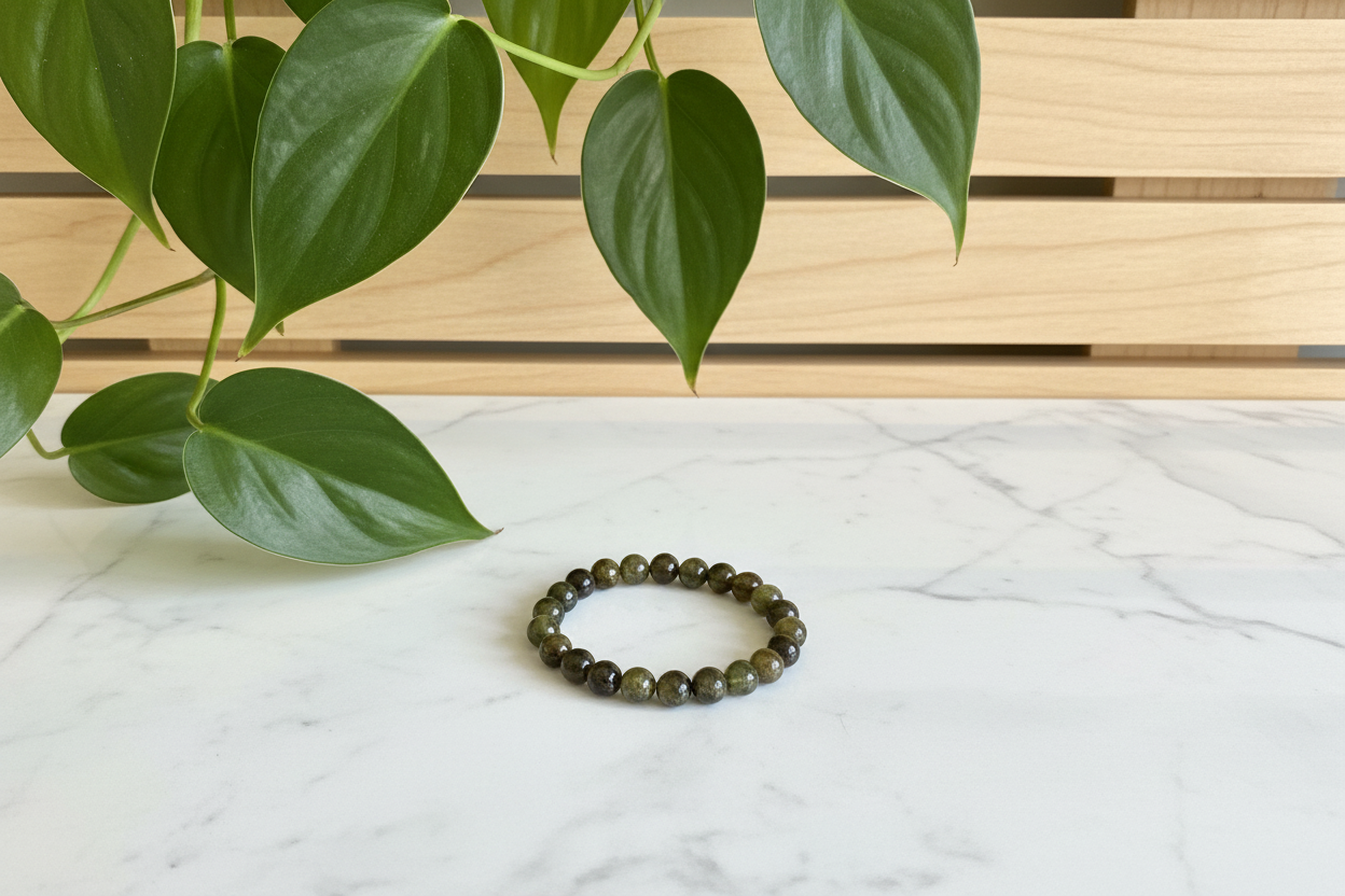 Green beaded bracelet on a white counter with a plant in the background