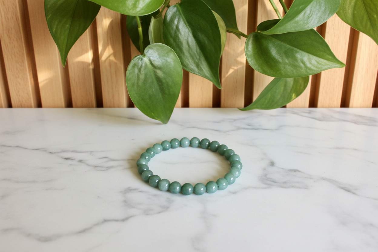 Green Jade beaded bracelet on a white countertop