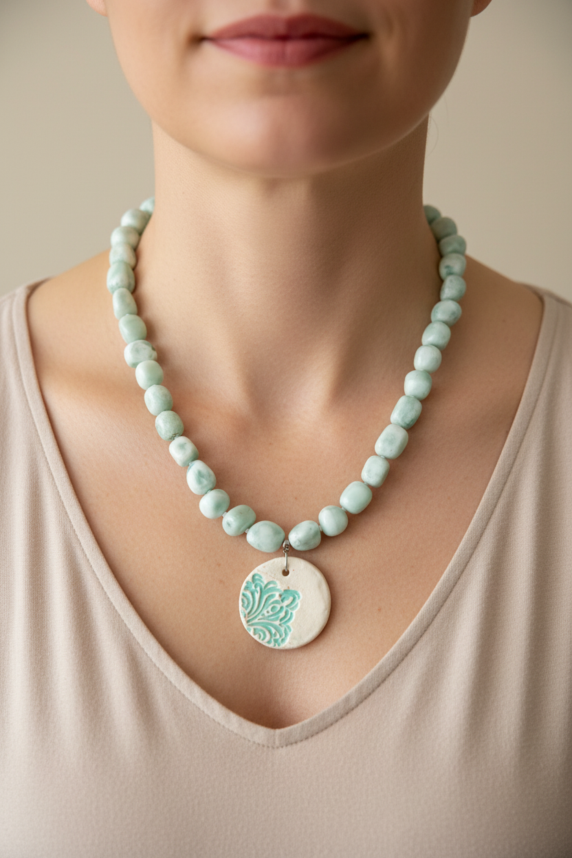 Necklace with green moonstone tumbles and a ceramic pendant on a model