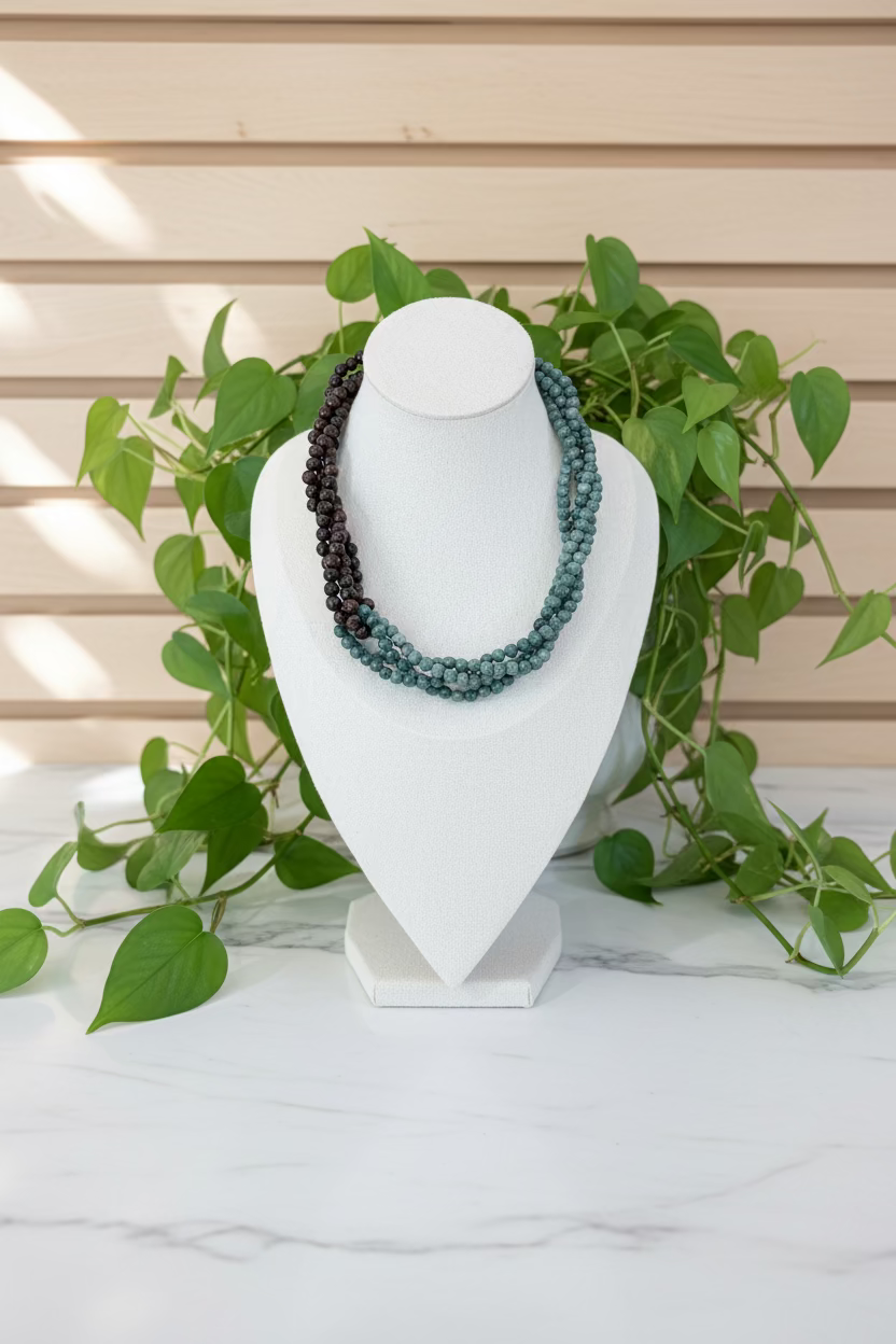 A multi-strand beaded necklace displayed on a white jewelry bust, featuring dark brown beads on one side and muted teal-green beads on the other, set on a wooden table with a plant in the background.