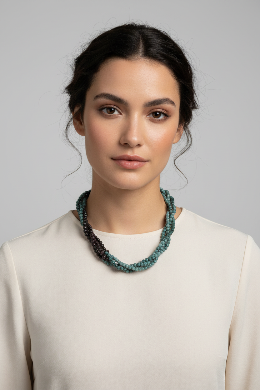 A multi-strand beaded necklace on a model