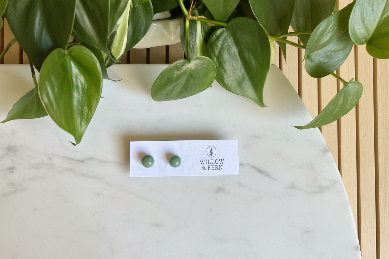 Bluewater Jade earrings on a card with 'Willow & Fern' branding, placed on a white counter with a plant in the background