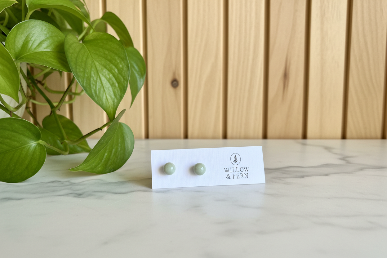 White Jade Earrings on Willow & Fern card sitting on a white countertop with a plant in the background