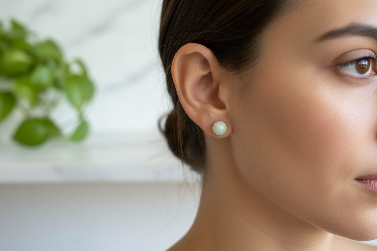 White Jade Earrings on a model with a plant in the background