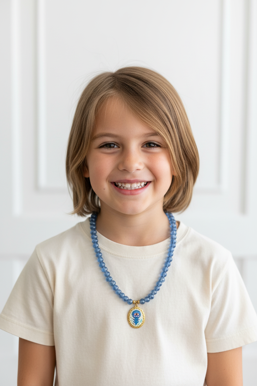Child wearing a blue beaded necklace with a pendant against a white background