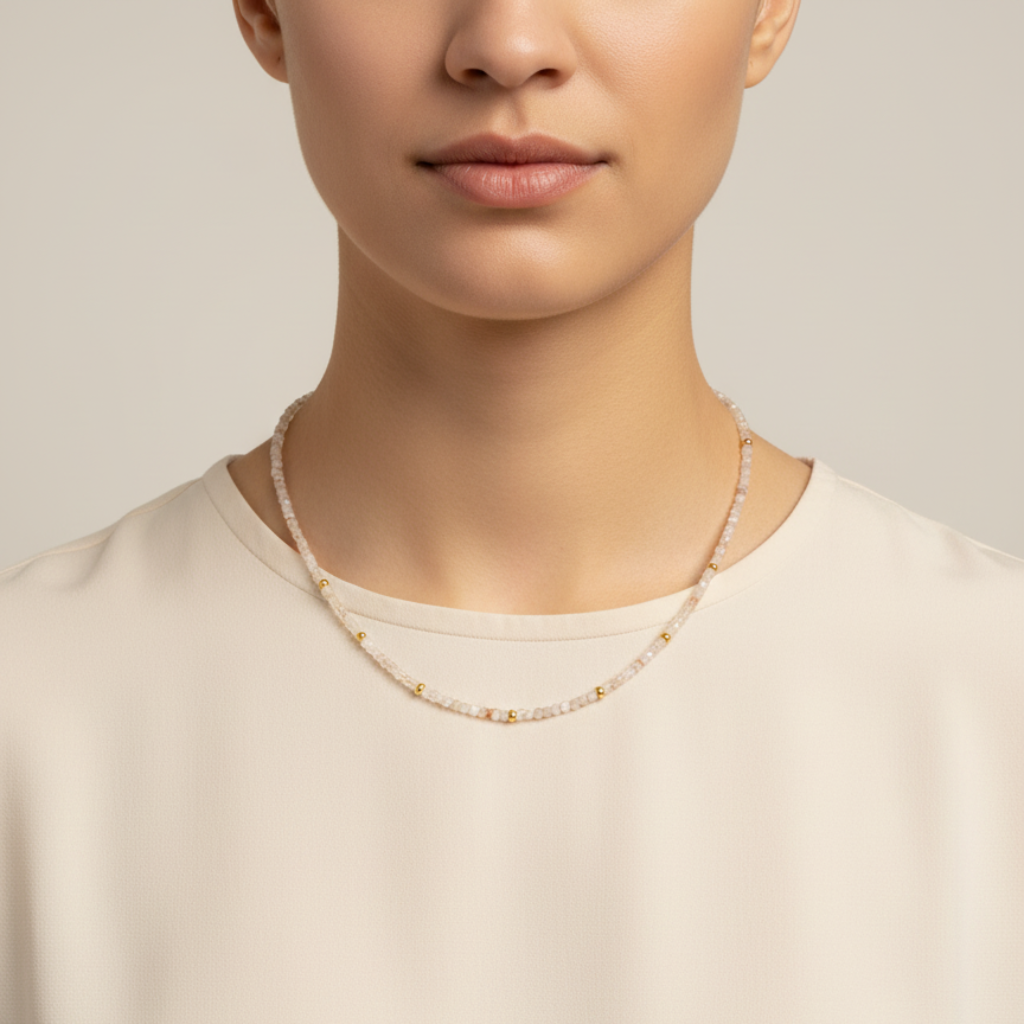 Necklace worn by a person against a neutral background