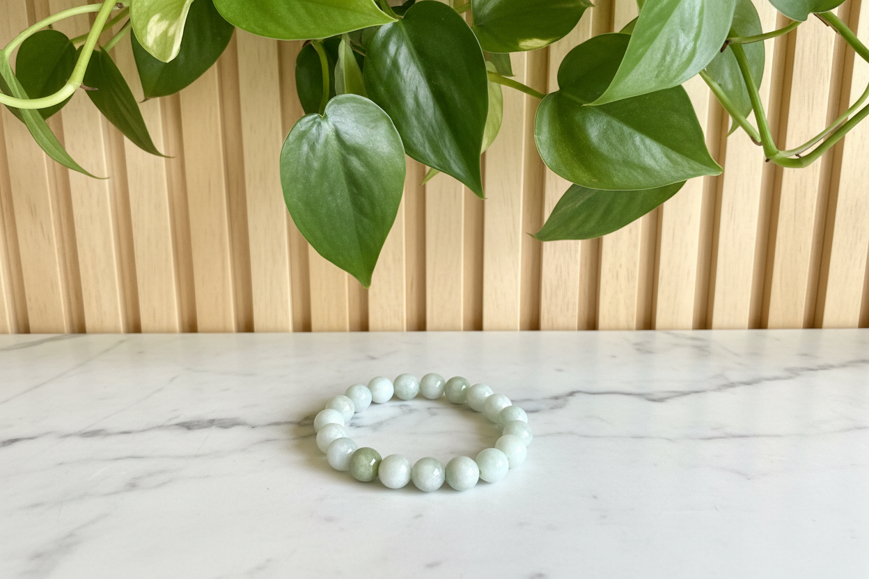 Light Jade bracelet on a white counter with a plant in the background