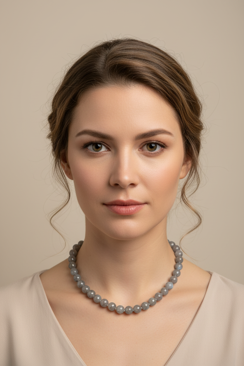 A gray beaded necklace on a model