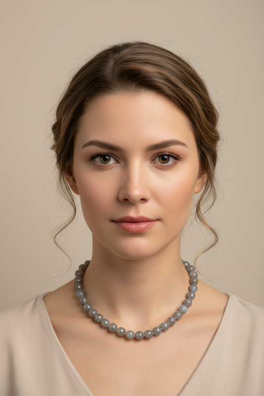 A gray beaded necklace on a model