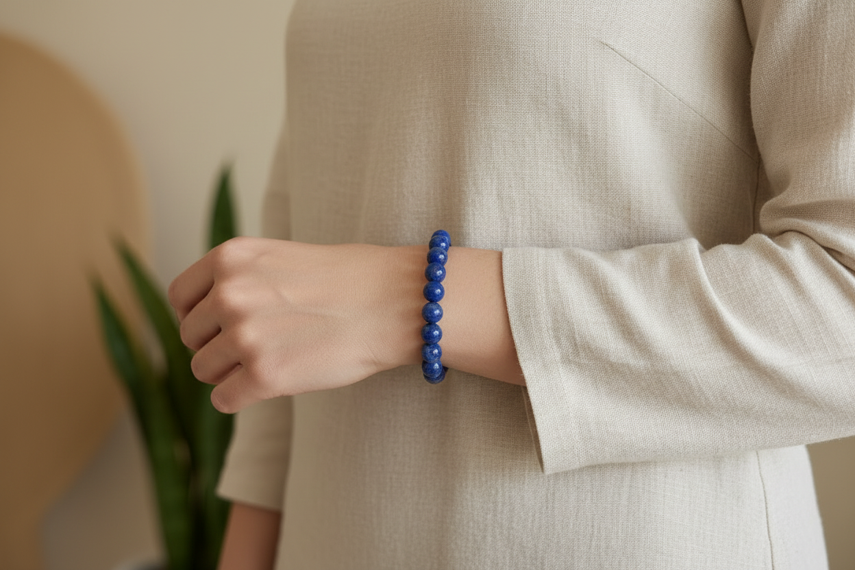 Blue beaded bracelet on a model
