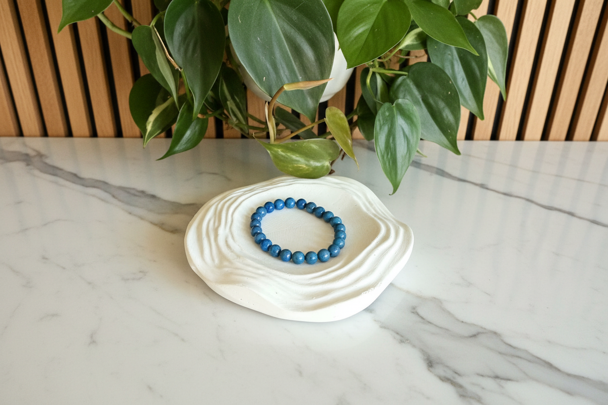 Blue beaded bracelet on a white stone counter with a plant in the background