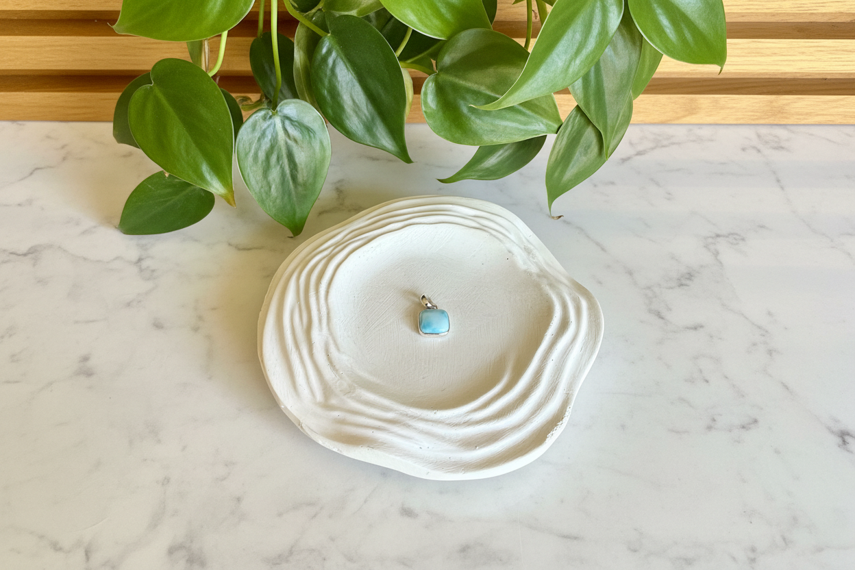 Necklace with a pendant on a decorative plate on a marble surface with a plant in the background
