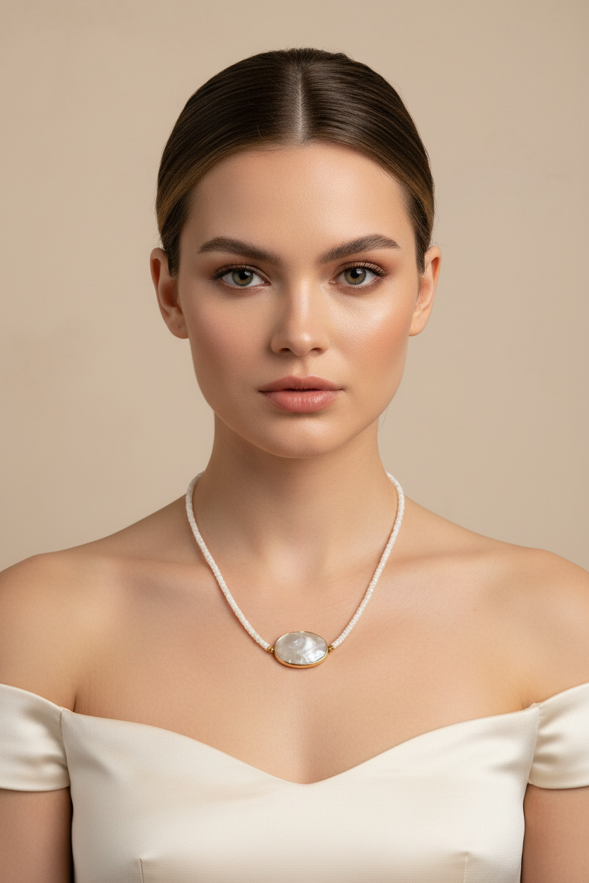 Necklace with a large central stone on a model