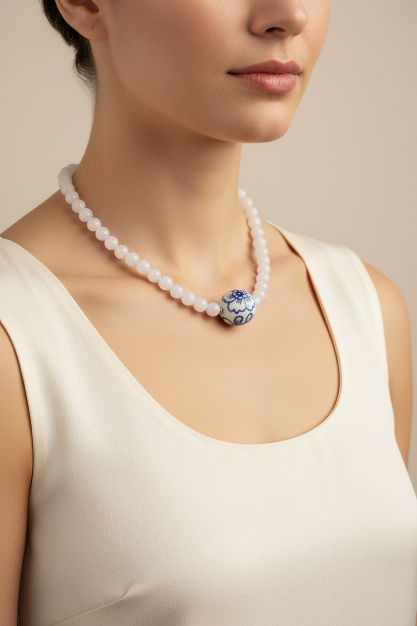 A white beaded necklace with a central blue and white floral bead on a model