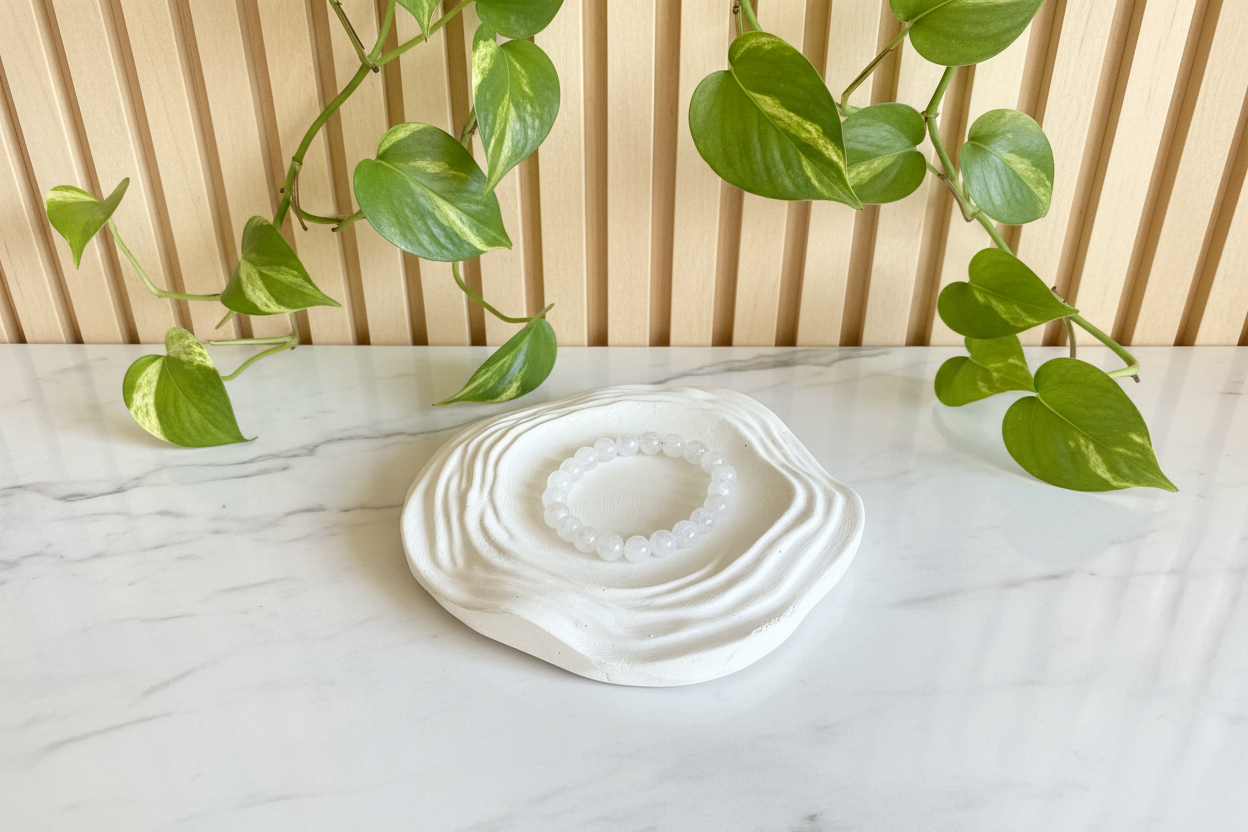 White ceramic dish on a marble surface with green leaves in the background