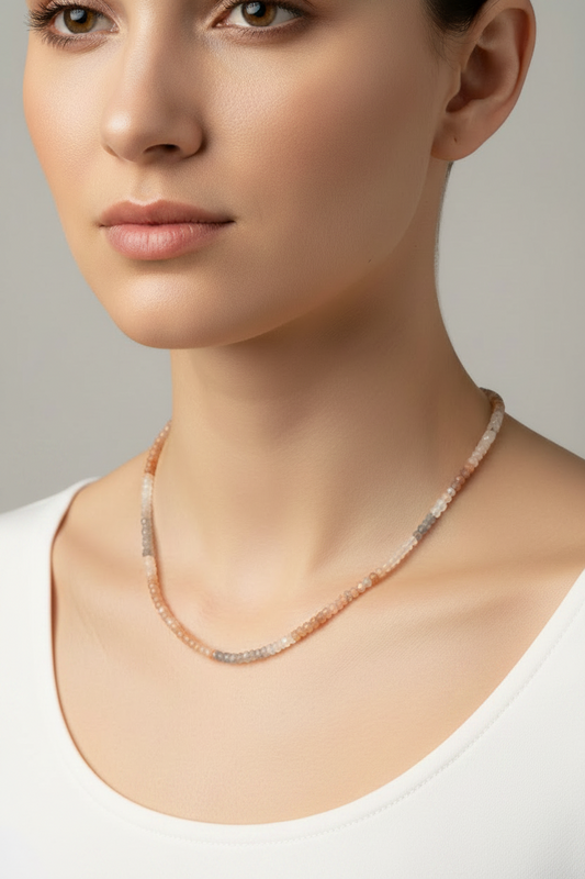 Multicolored moonstone necklace on a model