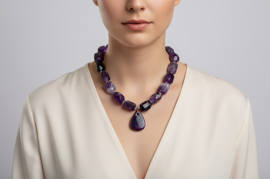 Necklace with purple gemstones on a model