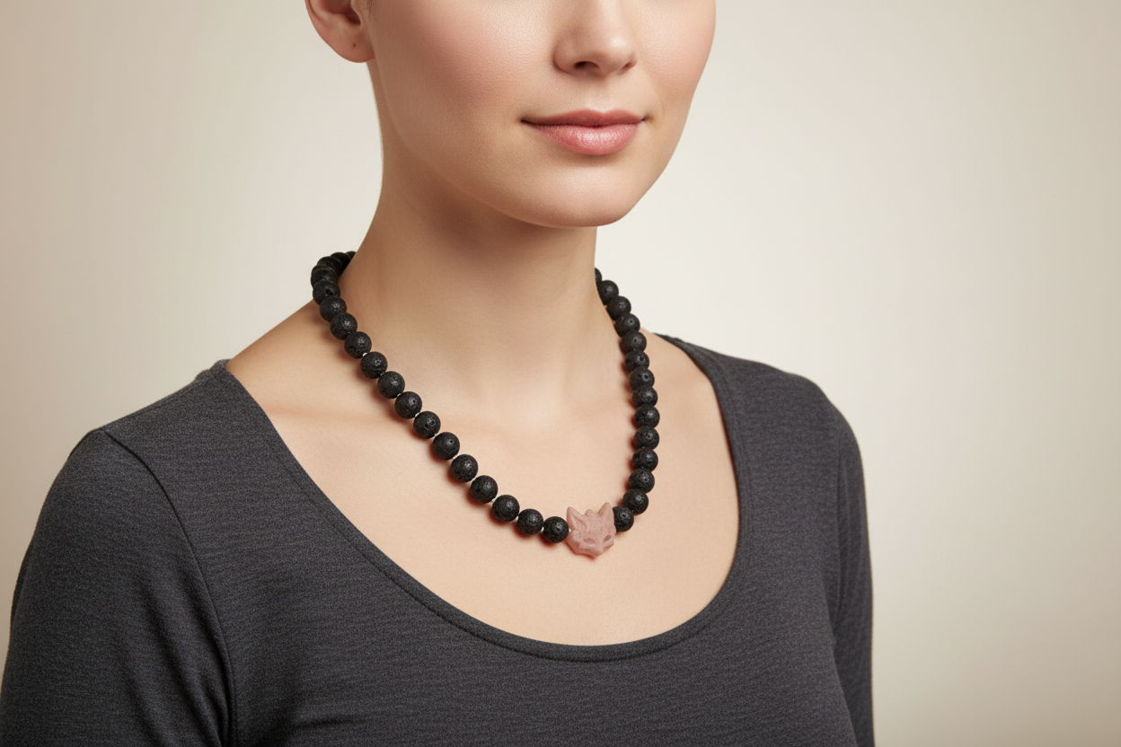 Black beaded necklace with a wood fox pendant on a model
