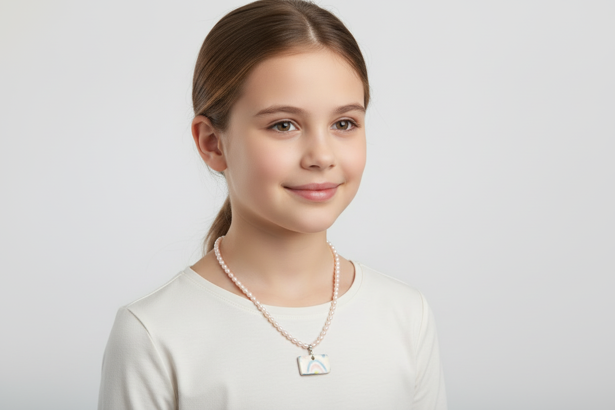 Necklace with a rainbow pendant on a model