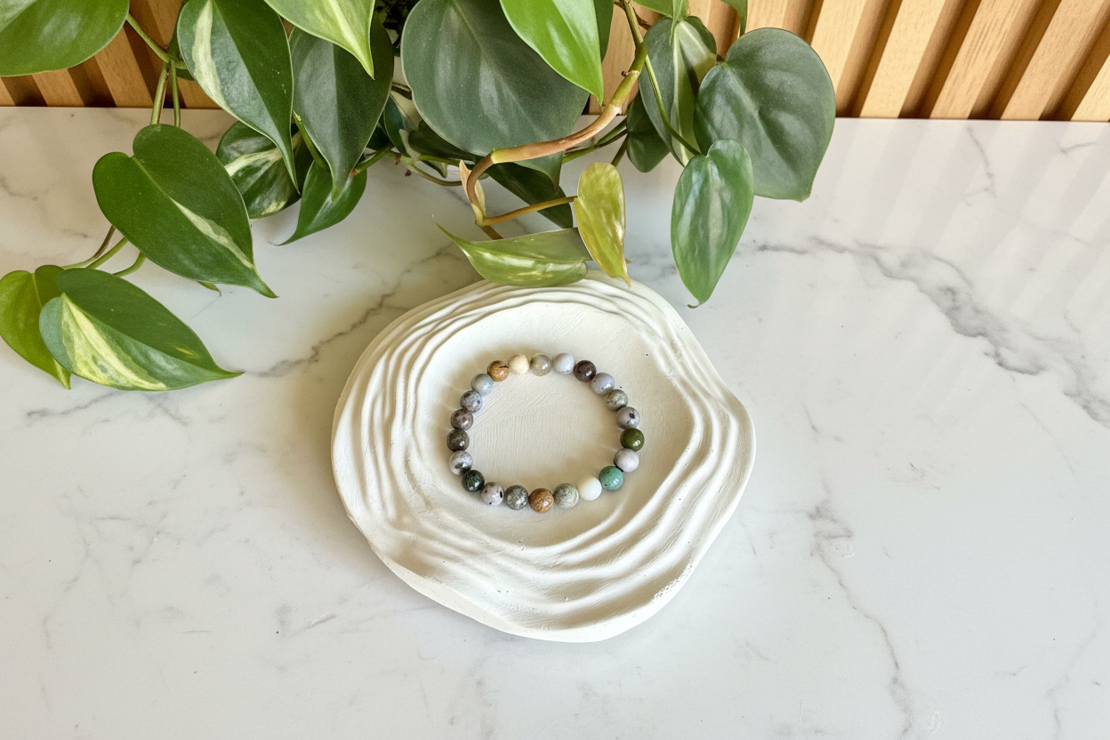 Bracelet on a decorative white dish with a plant in the background