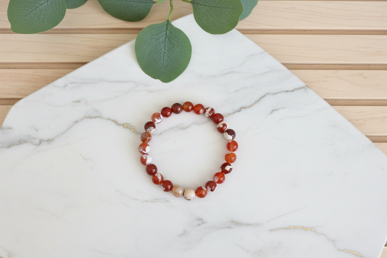 Beaded bracelet white counter with a plant in the background