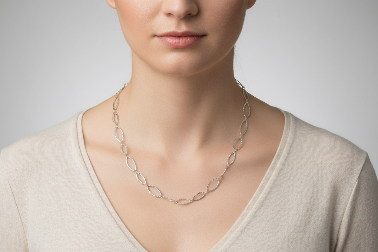 Silver necklace on a model