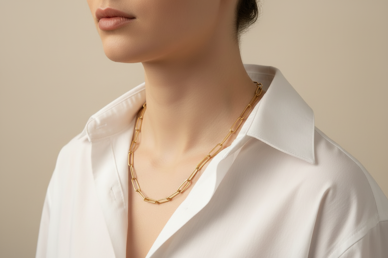 Gold paperclip chain necklace on a model