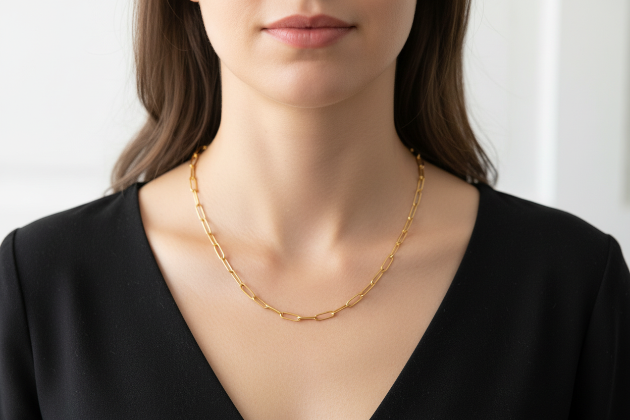 Gold paperclip chain necklace on a model