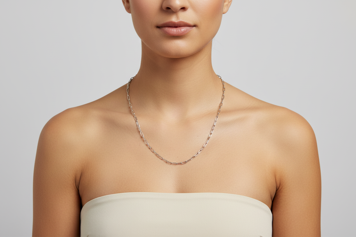Silver paperclip chain necklace on a model