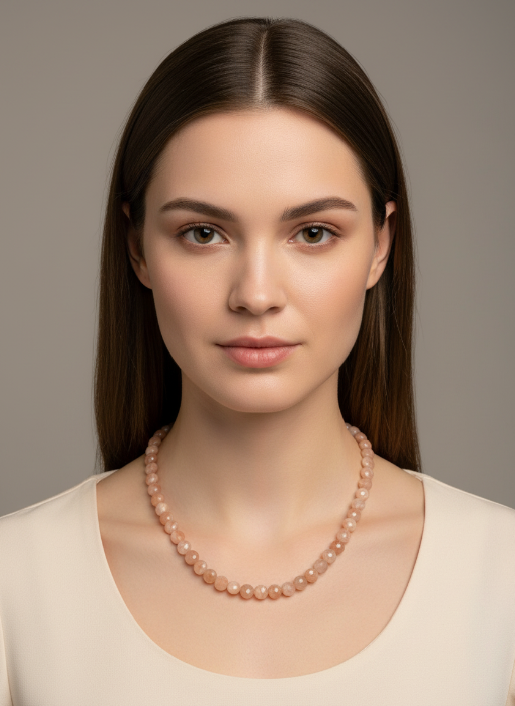 peach colored beaded necklace on a model