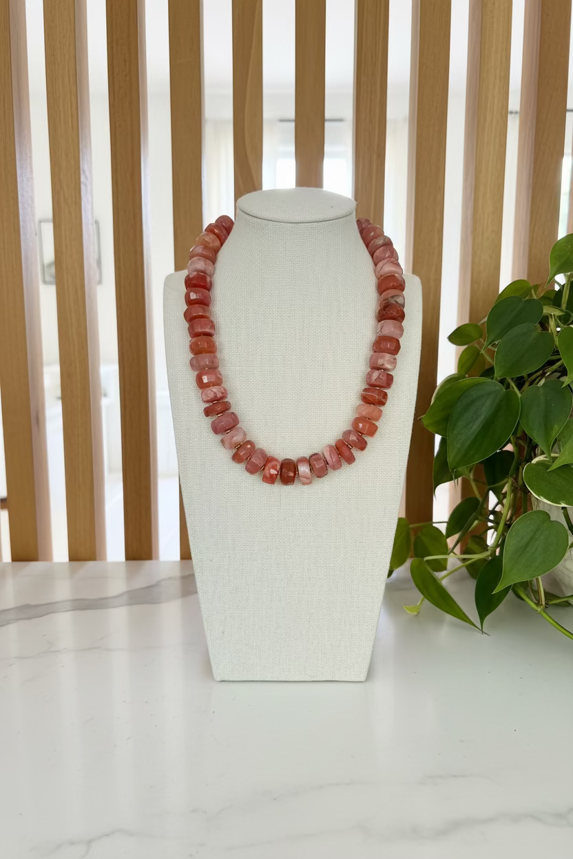 A chunky beaded necklace made of polished reddish-orange stone beads, displayed on a cream fabric jewelry bust. The bust is set on a dark wooden table with green plants in the background of a home interior.