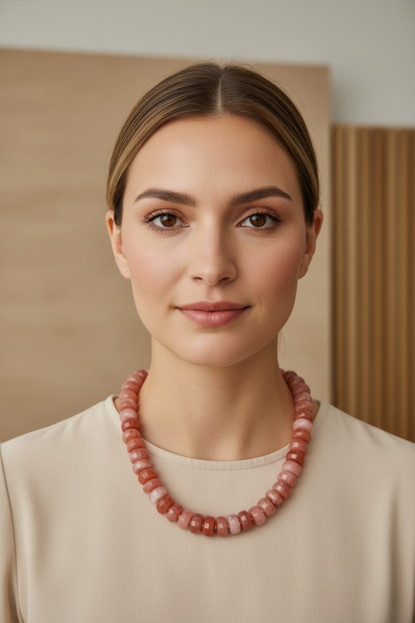 A chunky beaded necklace made of polished reddish-orange stone beads on a model
