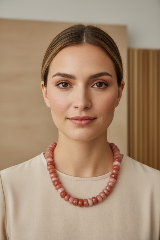A chunky beaded necklace made of polished reddish-orange stone beads on a model