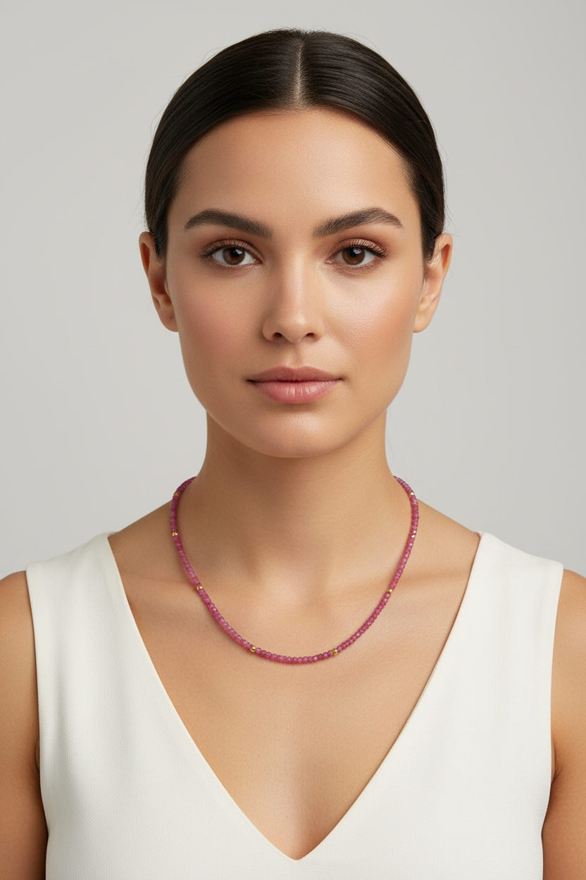 Woman wearing a pink beaded necklace against a plain background