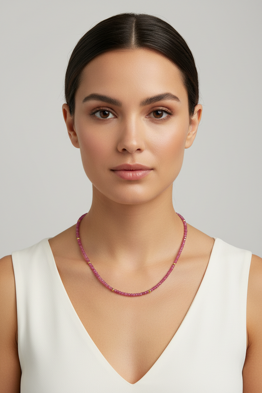 Woman wearing a pink beaded necklace against a plain background