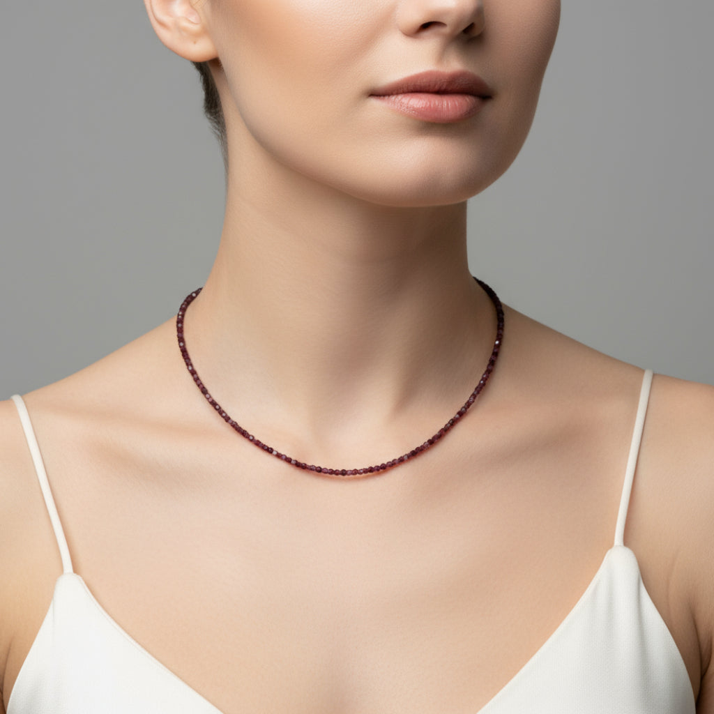 Willow & Fern Pink Tourmaline Gemstone Necklace on a model wearing a simple white tank.