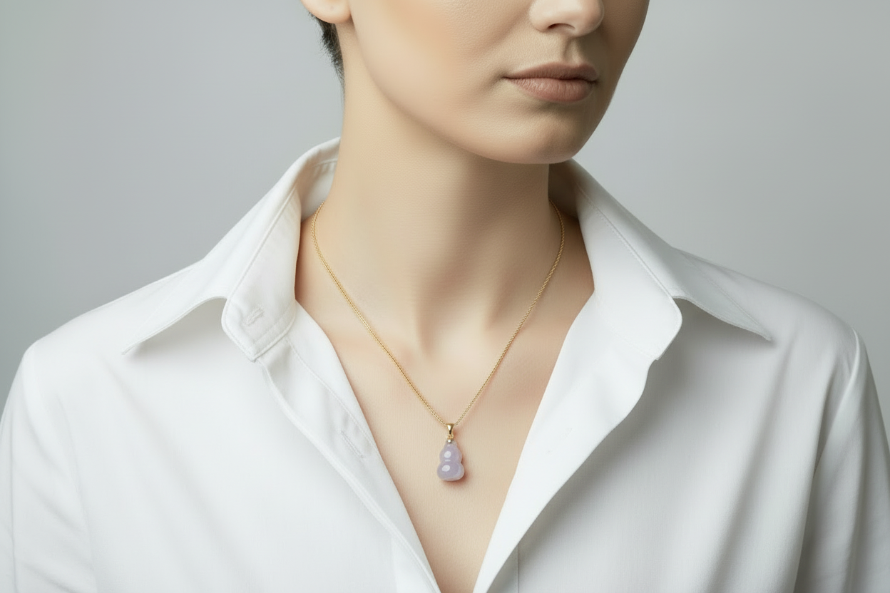 Necklace with a hulu pendant on a model
