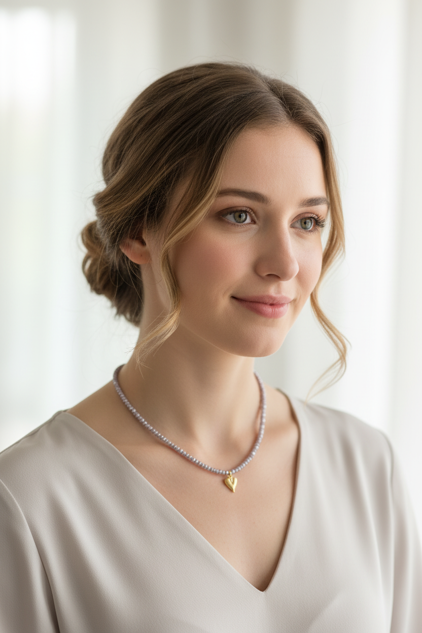 A beaded necklace with iridescent lavender beads and a gold heart pendant on a model