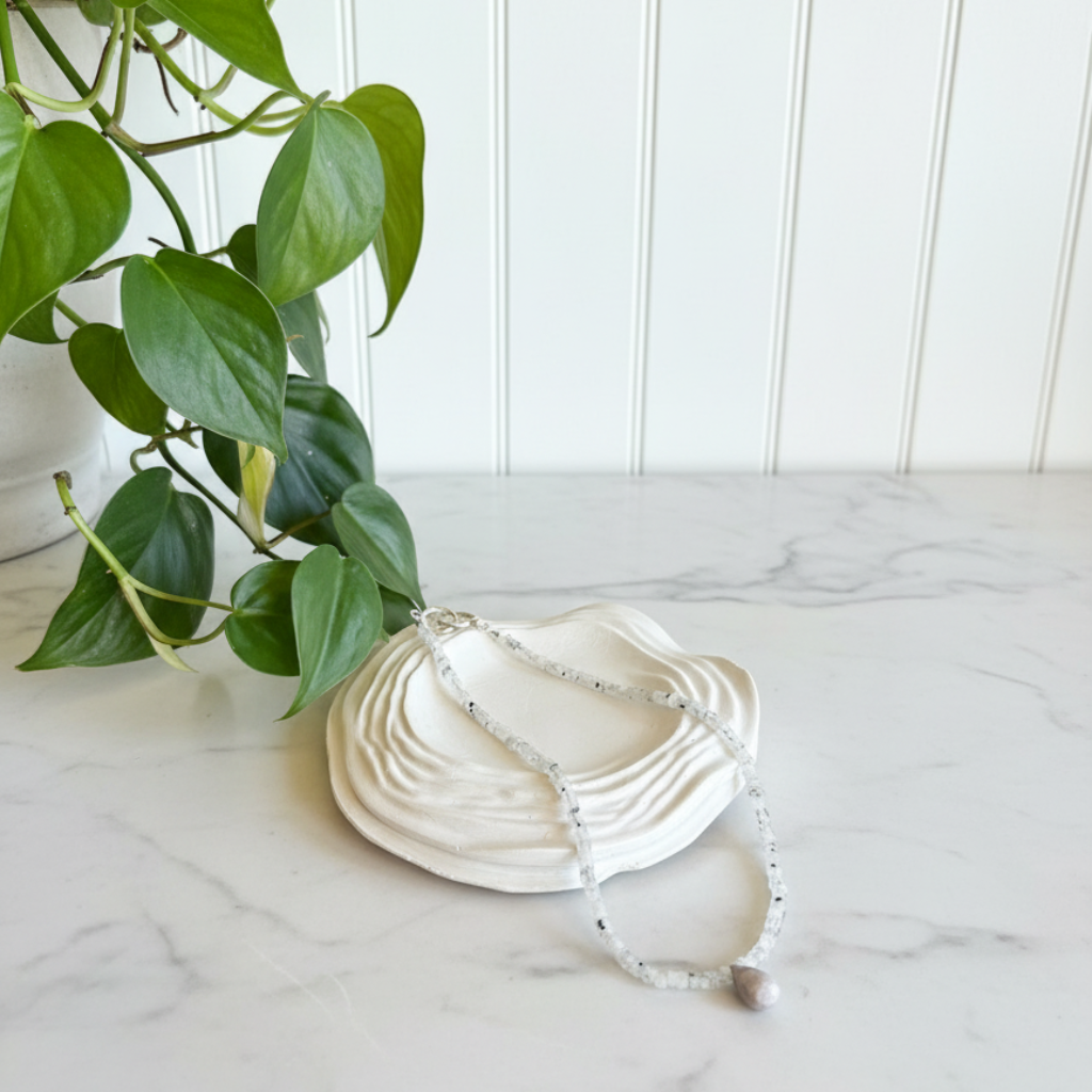 White beaded necklace on a white dish with a green plant in the corner