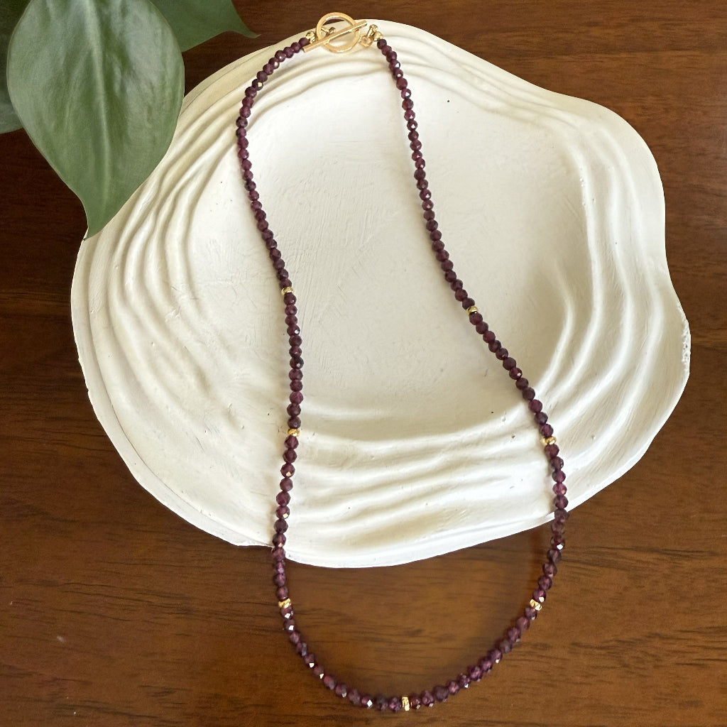 Red garnet beaded necklace on a white shell with a plant in the background