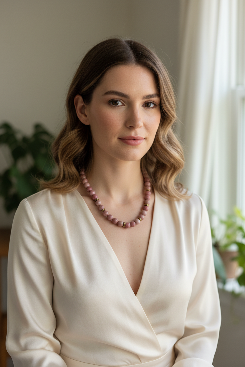 Woman wearing a white blouse and a necklace with a blurred indoor background