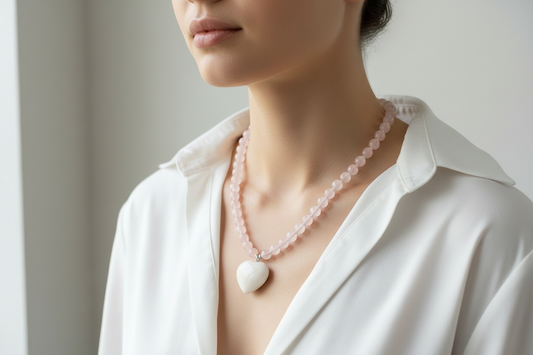 Necklace with pink beads and a heart-shaped pendant on a model with a neutral background