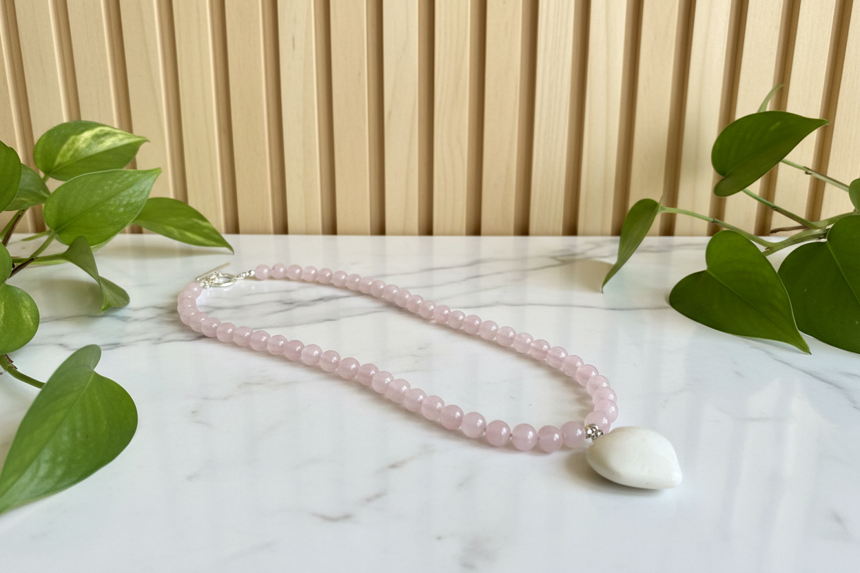 Pink beaded necklace with a white heart pendant on a white counter