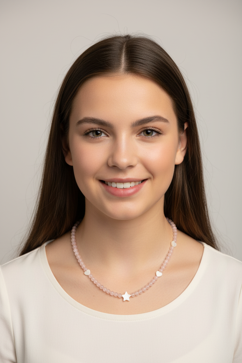 Necklace with heart-shaped pendants on a young model
