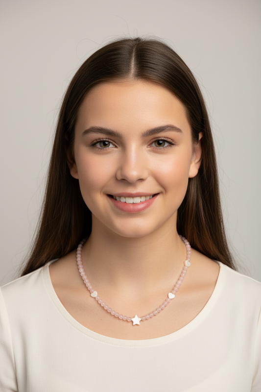 Necklace with heart-shaped pendants on a young model