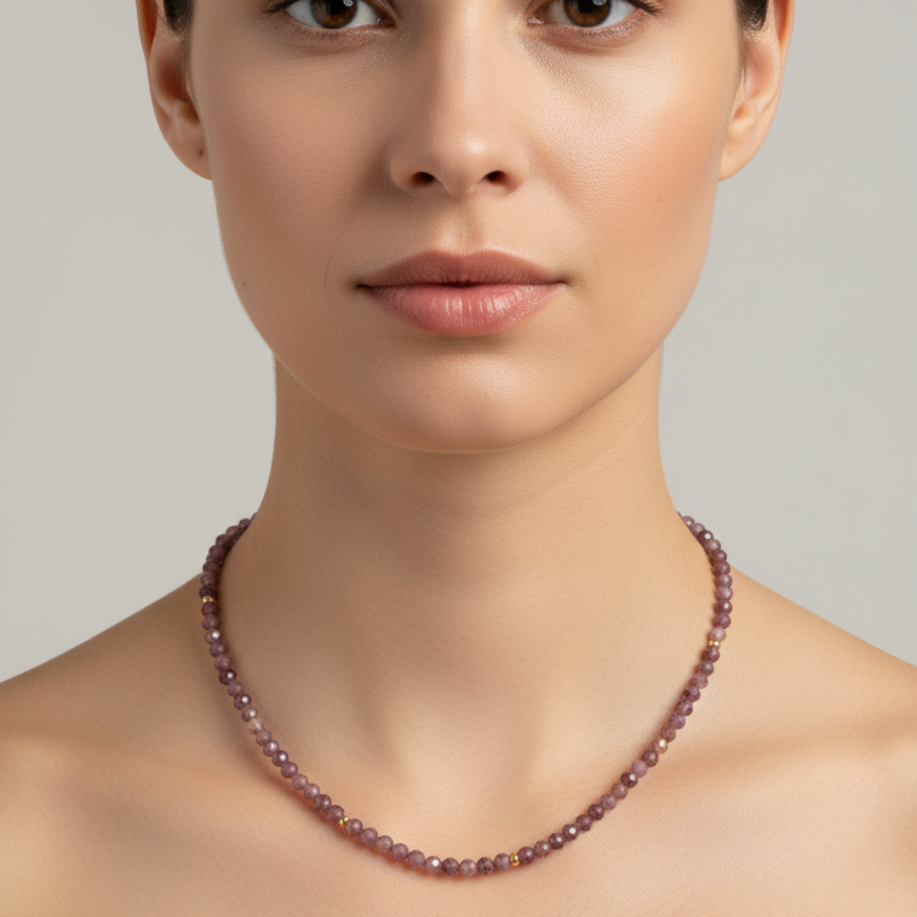 Woman wearing a purple beaded necklace against a neutral background