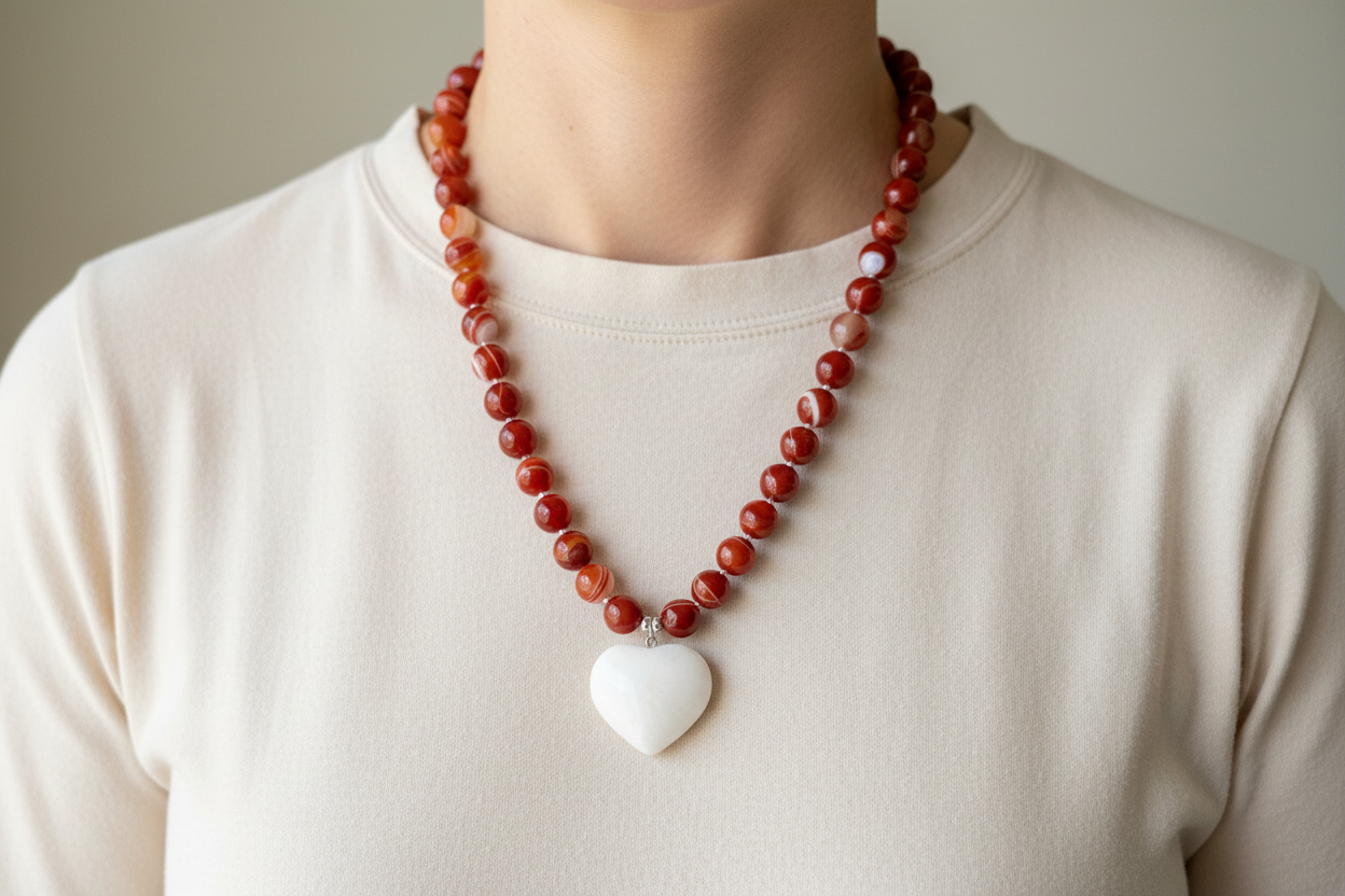 Necklace with red and white beads and a heart pendant on a model