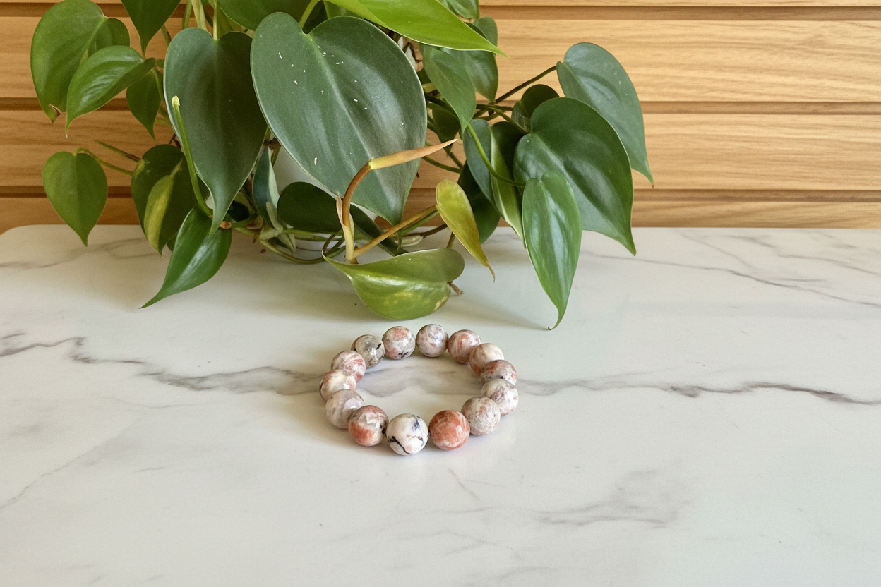 Sunstone beaded bracelet on a white counter with a plant in the background