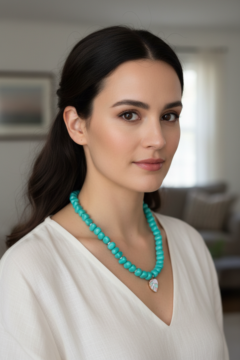 Turquoise beaded necklace on a model
